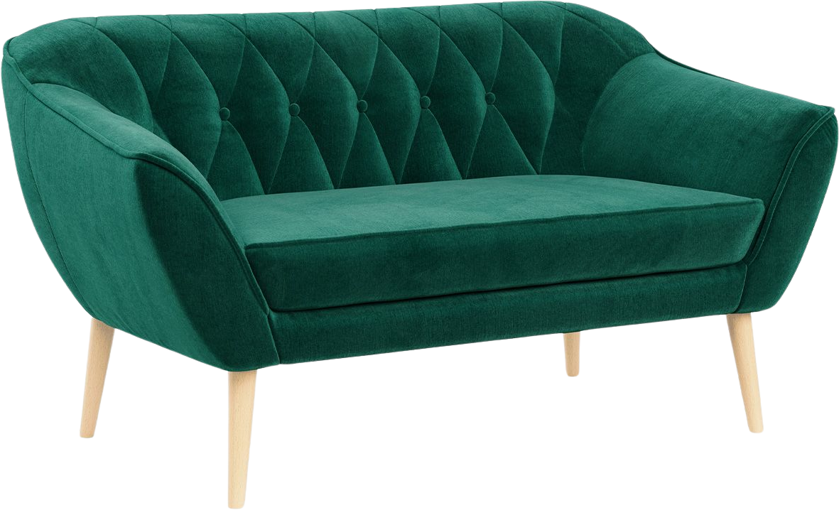 Skandynawska sofa dwuosobowa do salonu z drewnianymi nóżkami - PIRS 2 butelkowa zieleń